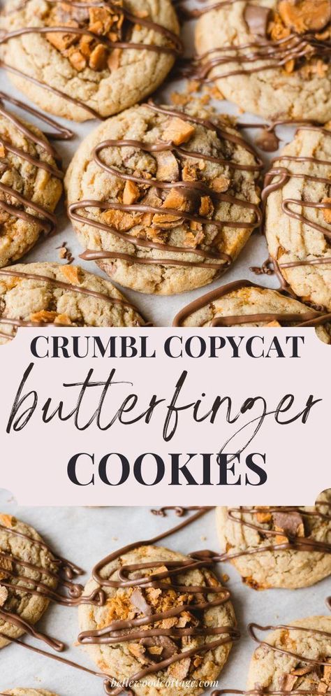 Crumbl Turtle Cookie Copycat, Butterscotch Crumble Cookie, Butterfinger Crumble Cookies, Over The Top Dessert Ideas, Copycat Crumbl Cookies Peanut Butter, Crumbl Butterfinger Cookie, Cookies With Butterfinger Bits, Easy Gourmet Cookie Recipes, Butter Finger Cookies Recipe