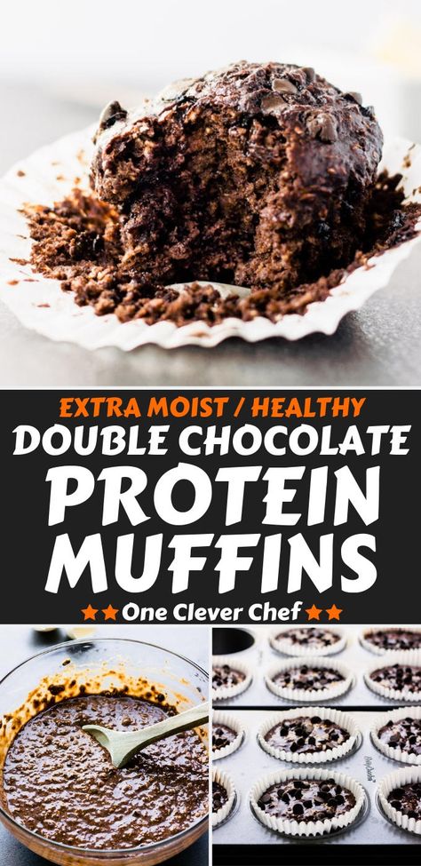 Protein Powder Muffins, High Protein Muffins, Chocolate Protein Muffins, Double Chocolate Muffins, Healthy Protein Snacks, Protein Muffins, Protein Powder Recipes, Powder Recipe, Chocolate Protein Powder