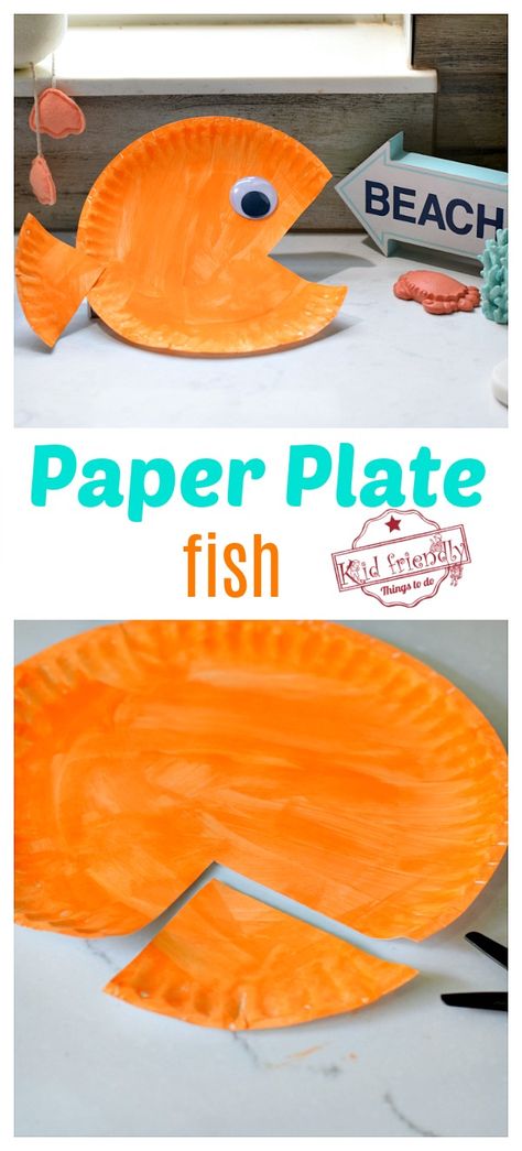 This Paper Plate Craft is perfect for little kids in preschool or big kids. This paper plate fish is an easy summer craft for all. www.kidfriendlythingstodo.com #paperplatecraft #easy #craft #preschool #kids #school #kindergarten Paper Plate Fish Craft, Plate Fish Craft, Kunst For Barn, Paper Plate Fish, Decoration Creche, Crafts Summer, Babysitting Crafts, Fish Craft, Easy Toddler Crafts