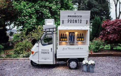 Bubbly on tap, Italian charm, and cool vintage design - these adorable Prosecco vans in the UK will be the highlight of any event. Small Food Truck, Prosecco Cart, Foodtrucks Ideas, Prosecco Van, Prosecco Bar, Mobile Coffee Shop, Food For Special Event, Piaggio Ape, Food Cart Design