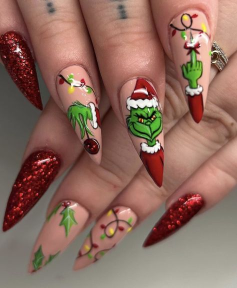 Nails that Sleigh: 45 Festive Christmas Nail Ideas to Try This Season - Days Inspired The Grinch Nails, Grinch Nails, December Nails, January Nails, Nails Now, Christmas Nails Acrylic, New Year's Nails, Uñas Acrilicas, Dipped Nails