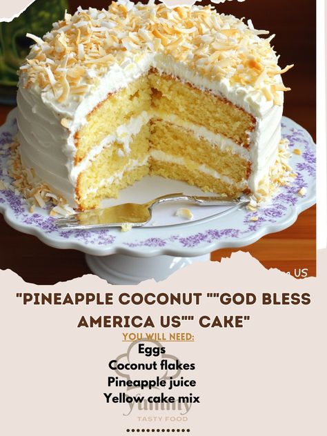 🎂🇺🇸 Celebrate in style with Pineapple Coconut "God Bless America US" Cake! A delicious dessert perfect for any gathering! Pineapple Coconut "God Bless America US" Cake Ingredients: Yellow cake mix (1 box) Pineapple juice (1 cup) Coconut flakes (1 cup) Eggs (3) Whipped cream (for topping) Instructions: Preheat the oven to 350°F (175°C). Prepare the cake mix using pineapple juice and eggs. Fold in coconut flakes and pour the batter into a greased cake pan. Bake for 30-35 minutes. Cool and t... Cozy Fall Recipes, Festive Drinks, Pineapple Coconut, Yellow Cake, Yellow Cake Mixes, Coconut Cake, Cake Pan, Cake Ingredients, Pineapple Juice