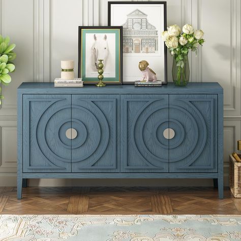 PRICES MAY VARY. [Retro & Stylish Wood Buffet Cabinet]: This vintage sideboard has four doors with circular lines on them, creating a three-dimensional feel. You can place it in the kitchen, entrance, or living room, and the rustic style cabinets add a warm atmosphere to your home. [Sideboard with Ample Storage Space]: This 4 door cabinet is designed to meet different requirements of users and can be used in a variety of home environments. 4 Cabinets with doors provide ample additional storage s Living Room Antique, Retro Sideboard, Groove Design, Dining Cabinet, Sideboard Storage Cabinet, Kitchen Sideboard, Sideboard Console Table, Kitchen Entryway, Antique Blue