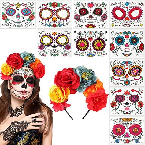 Amazon.com: Day of the Dead Mexican Flower Crown Headband, Halloween Headpiece with 10 Pcs Temporary Sugar Skull Face Tattoos : Beauty & Personal Care Diy Day Of The Dead Headpiece, Day Of The Dead Headpiece Diy, Mexican Flower Crown, Skull Face Tattoo, Diy Day Of The Dead, Halloween Headpiece, Sugar Skull Face, Mexican Flowers, Headpiece Diy