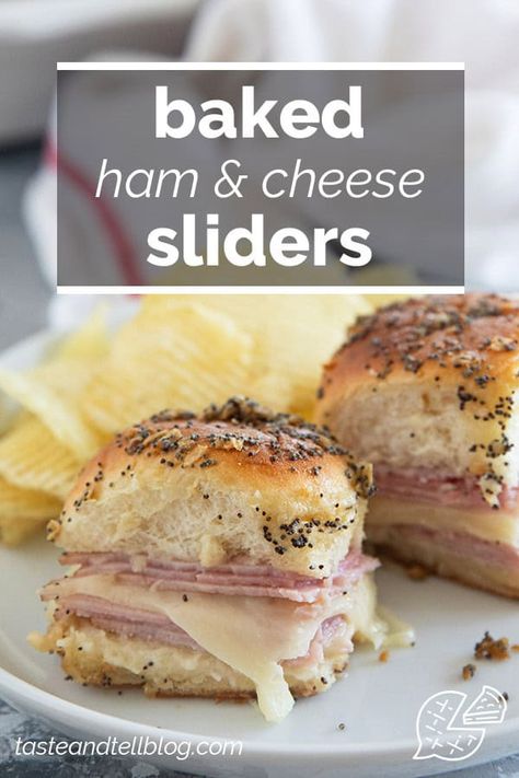 Perfect for an easy dinner that both kids and adults love, these Ham and Cheese Sliders are a classic! They take very little prep and bake up for a no fuss family dinner. Ham N Cheese Sliders Hawaiian Rolls, Han And Cheese Sliders, Hot Ham And Cheese Sliders, Ham And Cheese Sandwiches, Sliders Recipes Hawaiian Rolls, Easy Slider Recipes, Ham Biscuits, Sliders Recipes, Ham Cheese Sliders