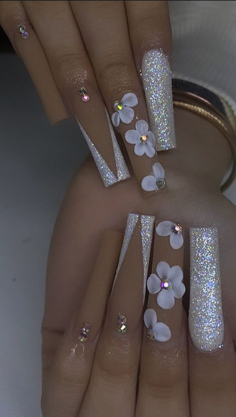 Quince Lavender Nails, Lavender Acrylic Nails Coffin Long, White And Lavender Nails, Lavender Quince Nails, Acrylic Nail Designs With Rhinestones, Long Acrylic Nails With Rhinestones, Bling Acrylic Nails Rhinestones, Lavender Nails Acrylic, Birthday Glam Nails