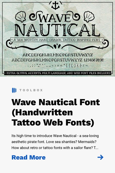 Its high time to introduce Wave Nautical - a sea-loving aesthetic pirate font. Love sea shanties? Mermaids? How about retro or tattoo fonts with a sailor flare? Then you might enjoy this nautical font with a touch of vintage. Its all caps with two variations: uppercase letters that are filled and lowercase letters with a cutout variation. Such a diversity for one versatile typeface! Sailor Font, Loving Aesthetic, Handwritten Tattoo, Nautical Fonts, Pirate Font, Fonts Numbers, Sign Lettering Fonts, Font Love, Sea Shanties