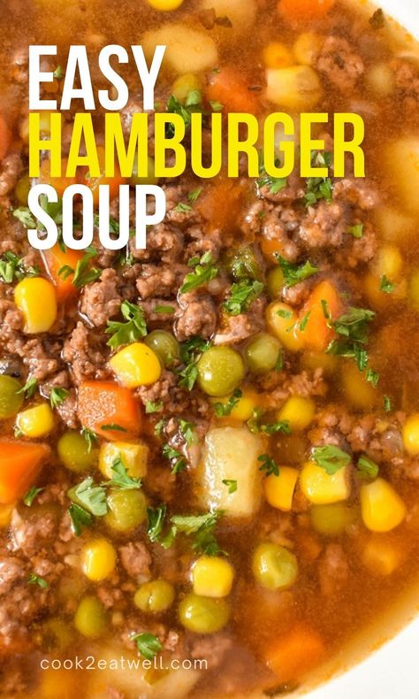 In this hamburger soup recipe ground beef is seasoned and cooked with vegetables to make a hearty and flavorful meal. Get the recipe now or Pin it for later. Hamburger Soups And Stews, Hamburg Soup Recipes, Best Hamburger Soup Recipe, Hamburger Soup Recipe, Easy Hamburger Soup, Recipe Ground Beef, Sleeve Recipes, Spinach Soup Recipe, Bariatric Sleeve