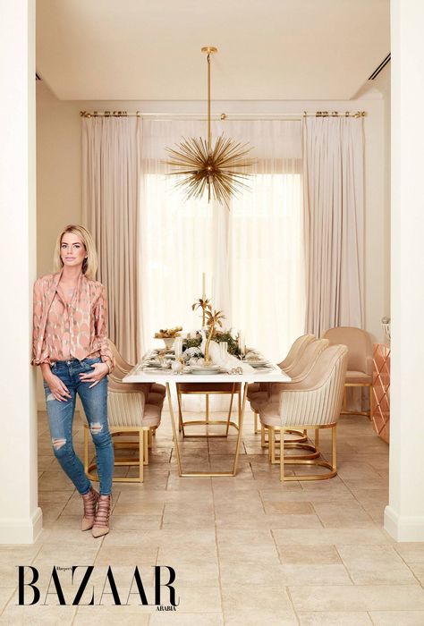 Ladies of London: Caroline Stanbury's Dubai Home Tour | PEOPLE.com Caroline Stanbury, Dining Ideas, Brass Furniture, Beige Living Rooms, Mommy Style, Dining Room Inspiration, Celebrity Street Style, Celebrity Houses, Ladies Of London