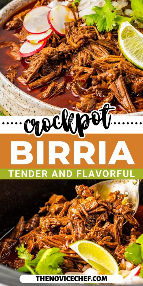 Tender and exploding with flavor, this authentic Crockpot Birria recipe is packed with dried chiles and spices for an addictively spicy sauce. Served as birria tacos or in burrito bowls, it's a perfect easy dinner! Crockpot Birria, Barrio Tacos, Mexican Birria Recipe, Beef Birria Recipe, Birria Tacos, Mexican Beef, Crock Pot Tacos, Burrito Bowls, Crockpot Recipes Beef