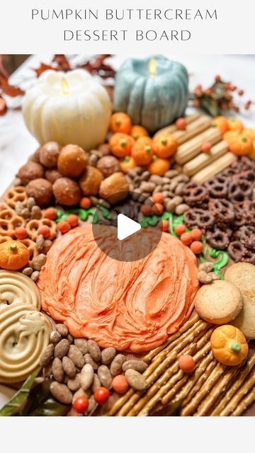 Janine Graff on Instagram: "Pumpkin Buttercream Dessert Board 🎃 is a creative and delicious presentation for your snacks and treats, adding a touch of seasonal charm to your spread.  Elevate your presentation by adding pumpkin-themed candles for an extra touch of autumnal ambiance!   #buttercreamboard #entertainingideas #falldessert #dessertboard #halloween" Fall Buttercream Board, Fall Dessert Board Platter, Thanksgiving Buttercream Board, Buttercream Charcuterie Board, Buttercream Board Ideas, Thanksgiving Themed Charcuterie Board, Thanksgiving Dessert Charcuterie Board, Buttercream Boards, Buttercream Board