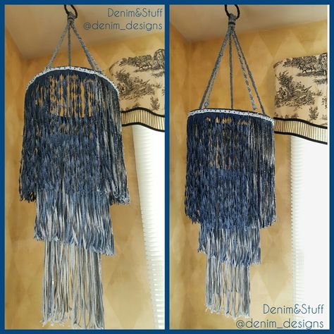 Denim Home Decor, Denim Lampshade, Unique Hanging Lamp, Recycled House, Denim Fringe, Upcycled Textiles, Denim Art, Art Tapestry, Denim Ideas