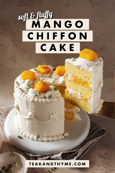 Mango Yuzu Cake, Mango Wedding Cake, Mango Layer Cake, Mango Cake Filling, Asian Mango Dessert, Mango Filling For Cake, Mango Cream Cake, Interesting Cake Recipes, Chiffon Cake Decoration Ideas