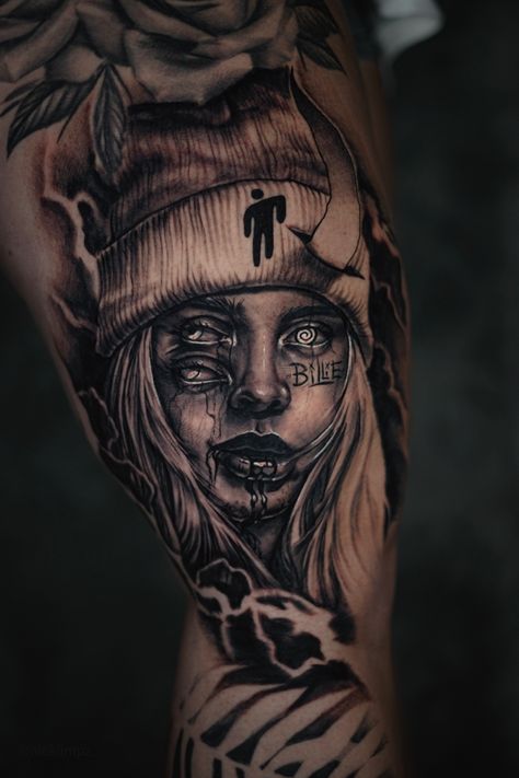 Dark Realism Tattoo Sleeve, Dark Realism Tattoo Design, Dark Realism Tattoo, Realism Tattoo Ideas, Dark Realism, Eilish Tattoo, Billie Eilish Tattoo, Boxing Tattoos, Urban Tattoos