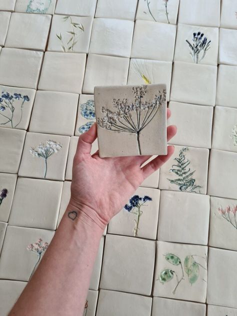 Home Made Ceramic Tiles, Ceramics Tiles Art, Pottery Tiles Ideas Design, Botanical Ceramic Tiles, Homemade Tiles Ceramics, Pottery Tiles Handmade Ceramic, Homemade Ceramic Tiles, Clay Wall Tiles, Handmade Ceramic Tiles Backsplash