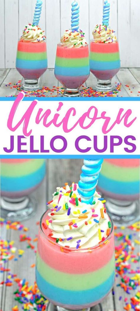 Bright and colorful unicorn Jello cups are a quick and easy layered Jello dessert recipe perfect for a unicorn party or just for fun! #unicorn #unicornparty #unicorndessert #unicornfood #jello #jellorecipes Diy Jello Cups, Jello For Kids, Jello Cups For Kids, Unicorn Jello, Jello Dessert Cups, Layered Jello Dessert, Finger Dessert, Easter Bbq, Layered Jello Recipe