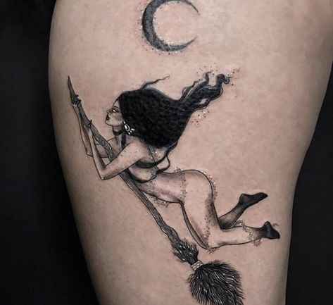 Naked Witch Tattoo, Flying Witch Tattoo, Witchy Thigh Tattoo, Witch Pinup Tattoo, Moon Witch Tattoo, Witch Tatoos, Witch Pin Up Tattoo, Magic Tattoo Witches, Witch Hands Tattoo