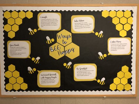 Ways to BEE Happy - Bee themed RA bulletin board, Well-Being, Bellarmine University Bee Display Board, Well Being Classroom Displays, Bee Theme For Classroom, Bee Hive Classroom Decorations, Bee Board Ideas, Bee Display Classroom, Bee Healthy Bulletin Board, Happy Bulletin Board Ideas, Bee Themed Office