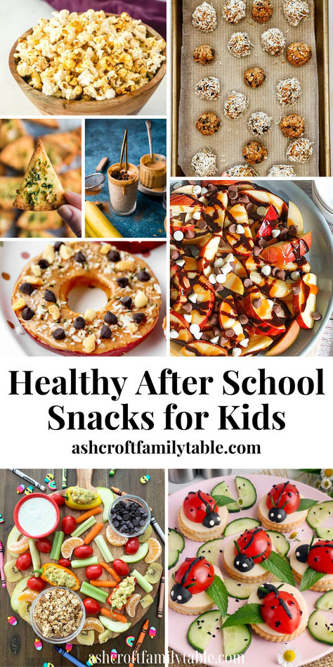 Collage of after school snacks for kids and teens. Fall Kindergarten Snacks, Back To School Themed Snacks, Kindergarten Class Snack Ideas, Healthier Snacks Options, Cooking Club Ideas For Kids, Salty Snacks For Kids, Healthy After School Snacks For Teens, Whole Food Snacks For Kids, Homemade Snacks For School