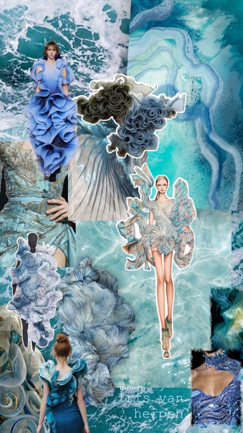 #water #irisvanherpen #art #fashion #bodyadornment #blue #moodboard #artinspo Sea Collection Fashion, Jellyfish Moodboard Fashion, Water Inspired Fashion Mood Board, Ocean Inspiration Board, Ocean Mood Board Fashion, Water In Fashion, Fashion Illustration Moodboard, Under The Sea Fashion Mood Board, Fabric Moodboard Fashion