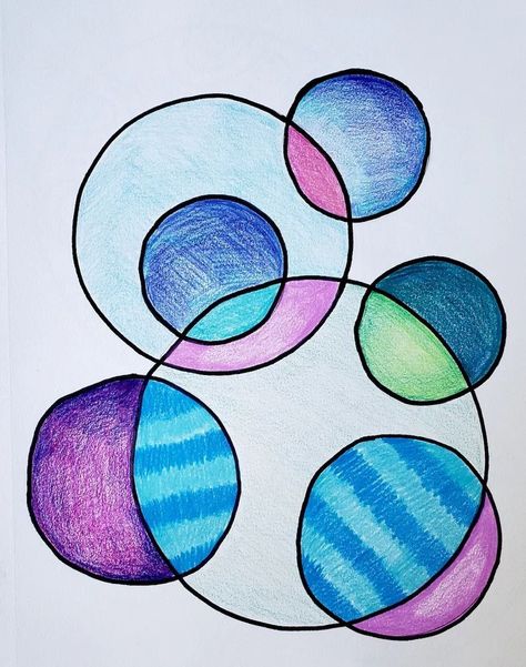 Distance Learning: Overlapping Circles – Art is Basic | An Elementary Art Blog Asymmetrical Drawing Ideas, Circle Art Design Ideas, Circle Project Design, Circle Shapes Design, Overlapping Circles Design, Circle Art Ideas, Drawing With Circles, Concentric Circles Art, Art In Circle