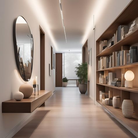 This long hallway features a bookshelf and mirror, making it both stylish and functional. What are your favorite ways to decorate a hallway? Share your ideas in the comments! #hallwaydecor #shelfie #interiorinspo Large Mirror In Hallway Entrance, Long Hallway Design Ideas, Large Hallway Ideas, Long Hallway Decorating, Decorating Long Hallway, Decorate A Hallway, Long Hallway Ideas, Wide Hallways, Stairs Hallway