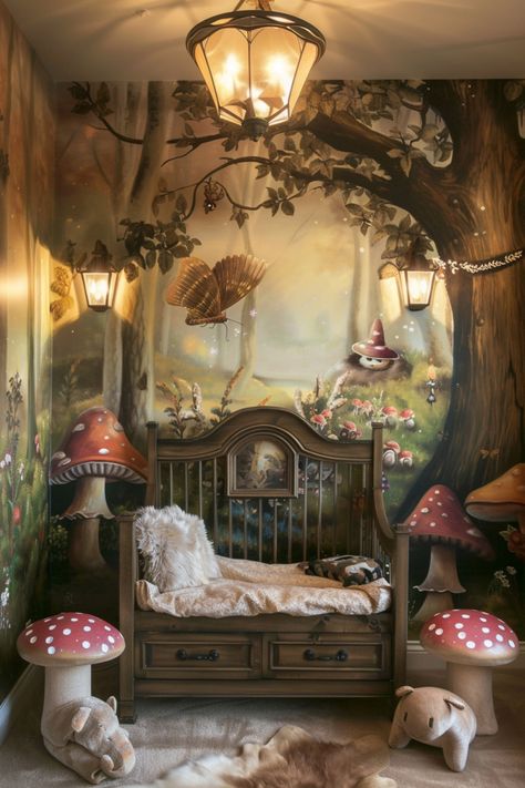 Nature-inspired nursery ideas offer a peaceful and engaging space for your baby. Click to explore more ideas. Wood Panel Walls Nursery, Greenery In Nursery, Fantasy Forest Nursery, Magic Forest Nursery, Mystical Nursery Theme, Vintage Forest Nursery, Little Explorer Nursery, Baby Room Color Ideas, Goblincore Nursery