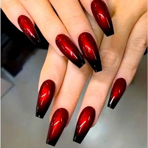 Aine Nail Art | Accessories | 24 Pcs Press On Nail Red Black Classic Acrylic | Poshmark Long Coffin Halloween Nails, Black And Red Nails Halloween, Red And Black Nails Halloween, Red And Black Halloween Nails Acrylic, Red Riding Hood Nails, Halloween Red Nails, Halloween Nails Red And Black, Red And Black Halloween Nails, Leopard Print Nails Tutorial