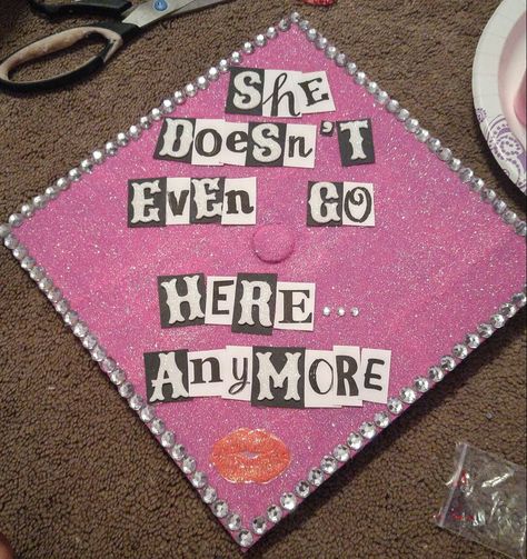 Mean Girls Cap Decorations, Mean Girl Graduation Cap, Mean Girls Promposal, Mean Girls Grad Cap, Pink Cap Ideas For Graduation, Mean Girls Graduation Party, Clueless Graduation Cap, White Graduation Cap Designs, Mean Girls Graduation Cap