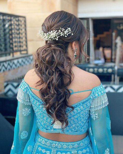 High ponytail  Hairstyles for Girls Messy Plaits Hairstyles Indian, Ponytail Hairstyles For Wedding Indian, Pony Hairstyle For Lehenga, Pony Hairstyle On Lehenga, Sangeet Pony Hairstyle, High Pony Hairstyles Wedding Indian, Pony With Saree, Messy Front Hairstyles, Messy Bun On Saree