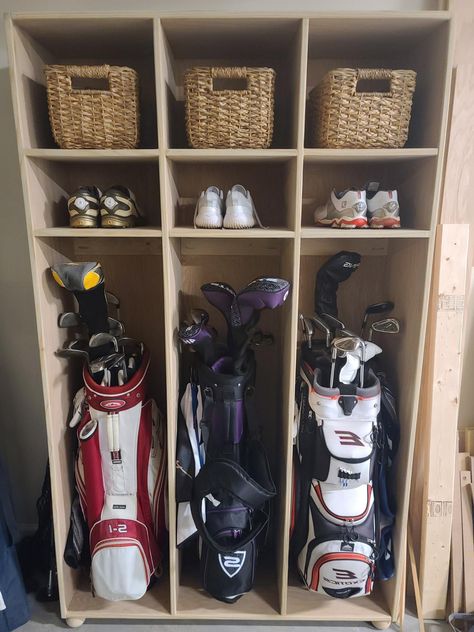 Golf Club Organizer, Golf Equipment Storage Diy, Garage Golf Storage Ideas, Garage Golf Organization, Golf Club Storage Cabinet, Garage Organization Golf Clubs, Golf Bag Storage Ideas, Garage Golf Club Storage, Golf Closet Ideas