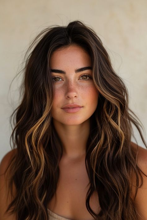 Light Brown With Dark Highlights, Types Of Balayage Brunette, Natural Curly Brunette Hair, Long Brown Curly Hair With Highlights, Bold Brown Hair, Highlights Dark Brown Hair Straight, Balayage Wavy Hair, Unique Highlights, Surf Hair