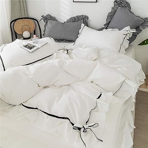 White Ruffle Bedding Aesthetic, Silky Ruffle Bedding Set, Silk Ruffle Bedding, Ruffle Bed Set, White Duvet Cover Aesthetic, Bow Bedding Set, Bed Aesthetic Cozy, Ruffles Bedding, Duvet Cover Inspiration