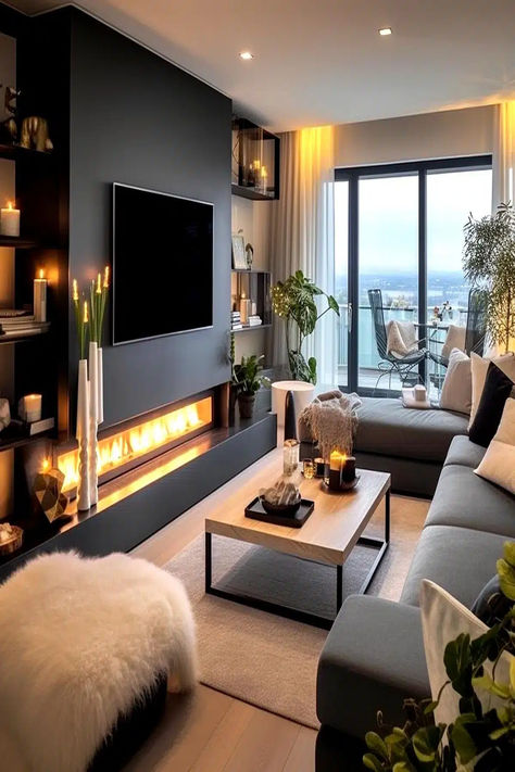 A well-designed small living room with a mounted TV above a modern fireplace, surrounded by comfortable seating and tasteful decorations, exemplifying smart small living room ideas with a TV and fireplace. Tv Room Ideas Cozy, Living Room Ideas With Tv, Room Ideas With Tv, Small Living Room Ideas With Tv, Tv And Fireplace, Small Tv Room, Fireplace And Tv, Ruang Tv, Snug Room