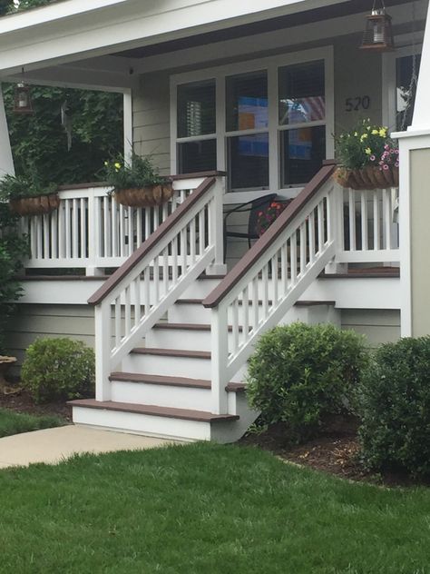 Front Porch Black Railing White Houses, Front Porch With White Railing, Porch Staircase Design, Front Porch With Stairs Ideas, Front Porch White Railing, Front Porch Stair Railing Ideas, Small Front Porch With Railing, Front Porch Steps Ideas Entrance Farmhouse, Farmhouse Front Porch Steps