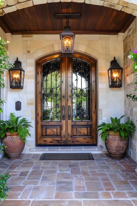 Outdoor Ideas On A Budget, Outdoor Ideas For Kids, Patio Outdoor Ideas, Outdoor Ideas Backyard, Mexican Farmhouse Decor, Ideas For Yard, Door Lighting, Stylish Entryway, Mediterranean Homes Exterior