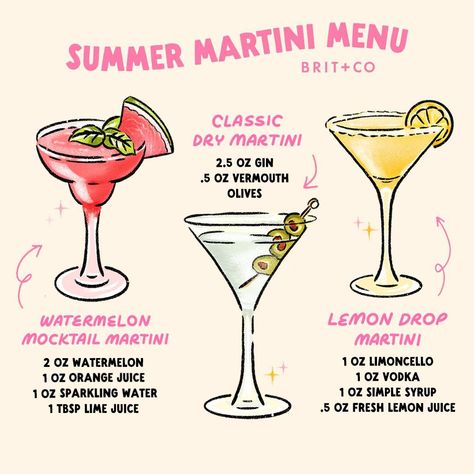 Summer Martini Menu 🍸 It's World Martini Day⁠ and we're celebrating with three martini recipes you'll want to drink all summer long! SAVE this post for the next time you're in the mood for a classic cocktail (or mocktail!)🍹 ⁠ ⁠ Classic Dry Martini 🫒 ⁠ - 2.5 oz gin⁠ - 0.5 oz vermouth⁠ - olives⁠ ⁠ Watermelon Martini (Mocktail!) 🍉 ⁠ - 2 oz watermelon purée ⁠ - 1 oz orange juice⁠ - 1 oz sparkling water⁠ - 1 tsp lime juice⁠ ⁠ Lemon Drop Martini 🍋 ⁠ - 1 oz limoncello⁠ - 1 oz vodka⁠ - 1 oz simple s... Summer Martini Recipes, Summer Martinis, Martini Recipes Easy, Lemon Martini, Watermelon Martini, Martini Recipes Vodka, Bartender Drinks Recipes, Mobile Cocktail Bar, Martinis Drinks