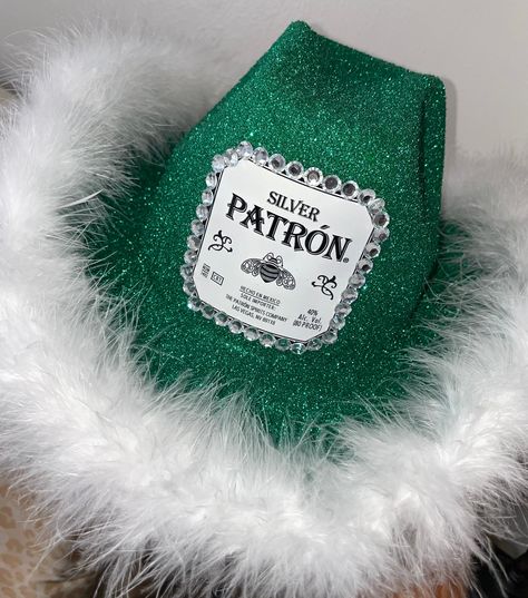 Birthday Hat Adult, Patron Cowgirl Hat, Liquor Cowgirl Costume, Patron Cowboy Hat, Diy Glitter Cowboy Hat, Liquor Cowboy Hats Diy, Liquor Cowboy Hats, Liquor Themed Cowboy Hats Diy, Alcohol Cowgirl Hats