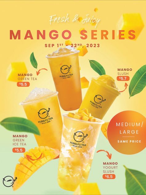 Mango Lover awaits!🥭💛🍵🥤 Sep 1st to 22nd, 2023 . 🙌🏻 #kungfuteamangoseries Any Size (Medium or Large) 💛 𝐌𝐚𝐧𝐠𝐨 Green Tea $5.5 💛 𝐌𝐚𝐧𝐠𝐨 Green Ice Tea $5.5 💛 𝐌𝐚𝐧𝐠𝐨 Slush $5.7 💛 𝐌𝐚𝐧𝐠𝐨 Yogurt Slush $6.5 𝗧𝗲𝗿𝗺𝘀 𝗮𝗻𝗱 𝗰𝗼𝗻𝗱𝗶𝘁𝗶𝗼𝗻𝘀: See IG post for details. https://www.instagram.com/p/CwlYasWK0HV/?utm_source=ig_web_copy_link&igshid=MzRlODBiNWFlZA== All pictures shown are for illustration purposes only. Actual products may vary due to product enhancement. Mango Slush, Juice Bar Interior, Bubble Tea Menu, Mango Yogurt, Mango Green Tea, Mango Tea, Menu Design Inspiration, Mango Drinks, Tea Drink Recipes