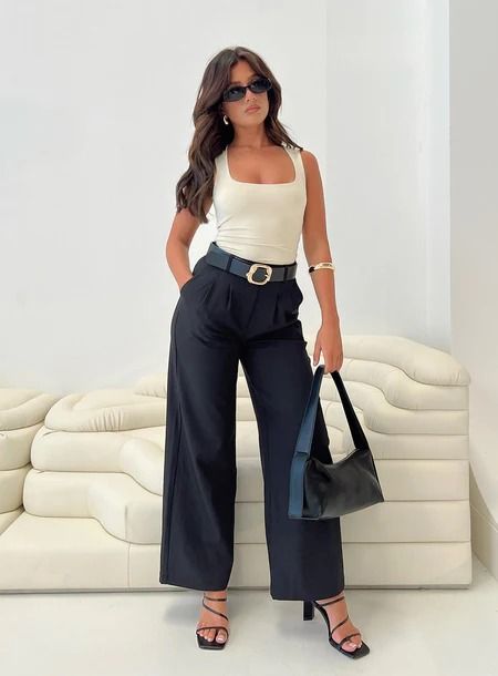 Thrifty Business Casual, Cute Business Attire For Women, Real Estate Clothes Work Outfits, Women Business Attire Summer, How To Style Black Flowy Pants, Real Estate Style Fashion, Affordable Work Clothes For Women, Business Casual Senior Pictures, Professional All Black Outfits Women