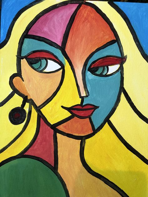 Cubism Face Art, Contrast Painting Ideas, Picasso Face Drawing, Cubism Art Ideas, Cubism Art Ideas Easy, Imaginary Drawing, Bubbles Paint, Art Bubbles, Picasso Cubism