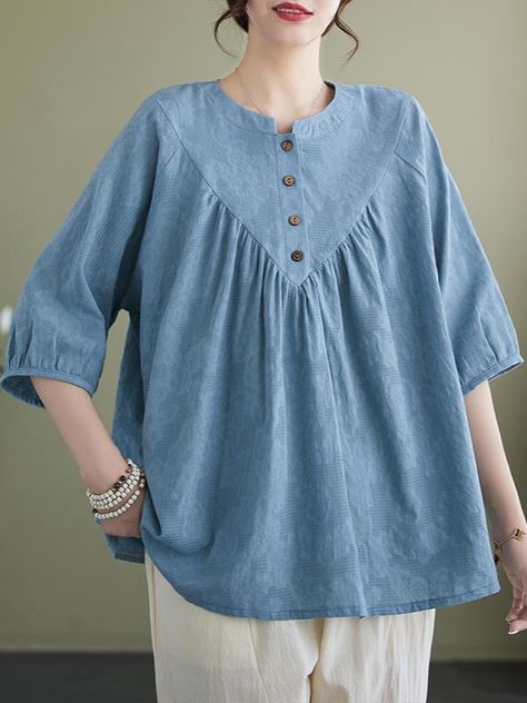 SKU CY-!126074 Material Cotton Style Casual Feature Button-Up Neckline Round Collar Occasion Casual ,Stylish Seasons Spring，Summer Type Top Color Blue,Pink,Purple Size S,M.L,XL,2XL,3XL, Size Chart Please consult the size chart we provide for this item's measurements to help you decide which size to buy. Please note: There may be 1-3cm differ due to manual measurement. CM Length Bust Raglan Sleeve S 60 100 41 M 62 104 42 L 63 108 43 XL 64 112 44 2XL 65 116 45 3XL 66 120 46 Tops For Women Stylish, Cotton Night Dress, Girls Designer Dresses, Cotton Shirts Women, Stylish Tops For Women, Linen Pattern, Blouse Casual Fashion, Simplicity Dress, Latest Dress Design