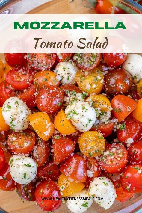 We love how delicious and full of flavor this Tomato Mozzarella Salad is. Full of flavor, easy to make, and perfect to add to your dinner table as a side dish or serve as an appetizer for a small party or potluck. #tomatosalad #salad #tomatomozzarellasalad Grape Tomato Salad, Salad Challenge, Mozzarella Appetizers, Tomato Side Dishes, Vegetarian Pasta Salad, Mozzarella Recipe, Tomato Mozzarella Salad, Marinated Tomatoes, Tomato Salad Recipes