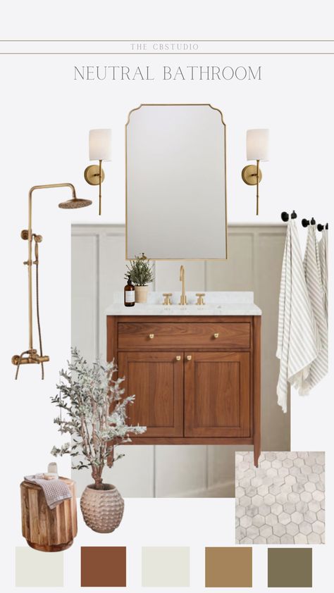 I have had a lot of engagement on this Neutral Bathroom design that I made up for my parents who are redoing their guest bathroom, so I decided to do a quick post with links to products or similar products! Transitional Half Bathroom, Tiled Floor Kitchen, Neutral Bathroom Design, Neutral Bathrooms Designs, Bathroom Mood Board, Bathroom Upstairs, Saint Andrew, Neutral Bathroom, House Bathrooms