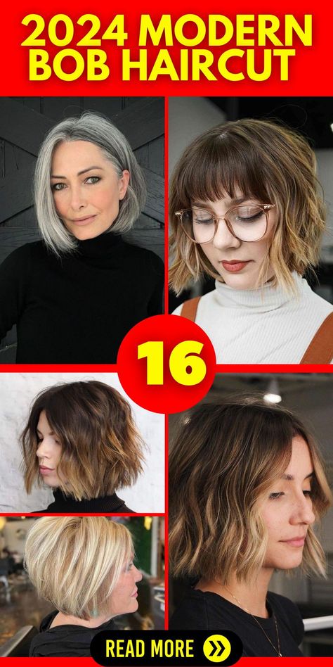 Elevate your style in 2024 with the modern bob haircut, a chic choice that's perfect for older women and complements round faces. Whether you have fine hair or thick hair, the modern bob is a versatile option. Add bangs for a trendy twist, and whether your hair is straight or curly, this haircut will keep you looking fashionable and on point. Professional Bob Hairstyles, Bob Haircuts For Women Over 40, Short Bob Thick Hair Round Faces, Celebrity Bob Hairstyles 2023, Modern Bob 2024, Bob Haircuts For Women Thick Hair, Bob For Thick Hair Round Face, Bob Hairstyles With Bangs 2023, Chin Length Hair With Bangs Round Face