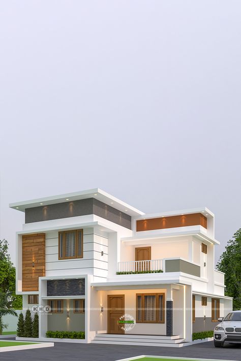 Flat Roof Home Exterior Design: Modern Elegance and Functionality Latest Roofing Design, Flat Home Design, Home Design Ideas Exterior Modern, Elevation Texture Design, Home Color Exterior, Home Elevations Modern, Roof Styles Design, Simple House Elevation, Kerala Home Design Modern