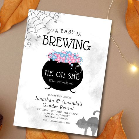 Halloween Gender Reveal Party, Fall Gender Reveal Party, Halloween Gender Reveal, A Baby Is Brewing, Halloween Baby Shower Theme, Gender Reveal Themes, Baby Is Brewing, Gender Reveal Party Invitations