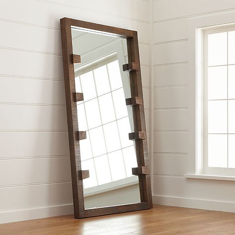 Leaning Mirrors | Crate and Barrel Dark Brown Wood Floors, Wood Floor Mirror, Diy Mirrors, Leaning Floor Mirror, Over The Door Mirror, Leaning Mirror, Oak Wood Floors, Mirror Tiles, Length Mirror