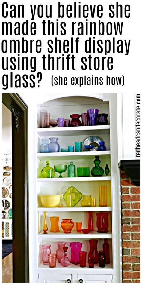 Here's an amazing DIY Thrift Store Rainbow Ombre Glass Display made with mostly thrift store colored glass! Thrift Store Upcycle, Vintage Bedroom Decor, Thrifted Home, Thrifted Home Decor, Thrift Store Decor, Rainbow Ombre, Thrift Store Crafts, Dekor Diy, Quirky Home Decor