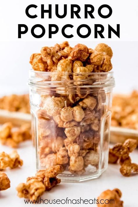 This delicious Churro Popcorn is coated with a sweet buttery syrup and flavored with a warming cinnamon sugar mix. It's perfect for making last-minute snacking, and the whole family will love it! | churro popcorn easy | churro popcorn recipe | churro popcorn seasoning | disney churro popcorn | how to make churro popcorn Churro Popcorn, Gourmet Popcorn Recipes, Cinnamon Popcorn, Snack Mixes, Popcorn Treats, Candied Almonds, Homemade Popcorn, Popcorn Balls, Popcorn Snacks